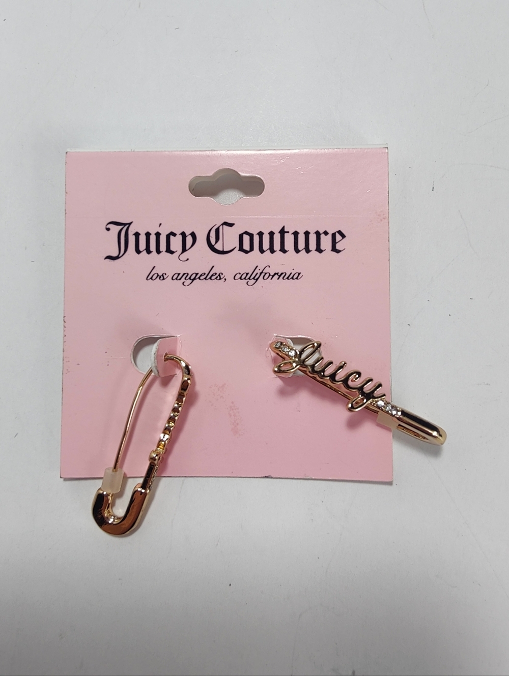 Juicy Couture Gold Tone “Juicy” Safety Pin Earrings Rhinestone Logo Dangle New - Picture 7 of 7